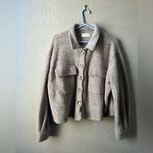 Z Supply Cropped Fuzzy Knit Shacket, Button-Up, Heather Latte, Size Large